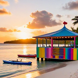 Caribbean Holidays, BVI Instagram Hotspots, Colourful beach bar and paddleboards on the shoreline at White Bay, Jost Van Dyke, Caribbean sunset light