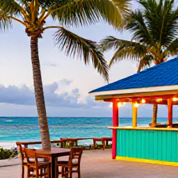 Caribbean Holidays, BVI Instagram Hotspots, Colourful Caribbean beach bar at Cane Garden Bay in Tortola with palm trees, turquoise sea, wooden tables and evening light