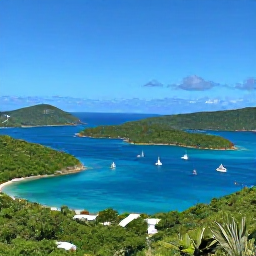 Caribbean Holidays, BVI Instagram Hotspots, Panoramic viewpoint over the British Virgin Islands, with green islands, sailing boats and deep blue Caribbean water under clear skies