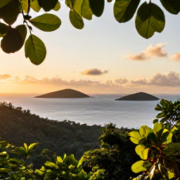 Caribbean Holidays, BVI Instagram Hotspots, Sunrise over Sage Mountain National Park on Tortola, lush rainforest leaves, distant islands and calm Caribbean water