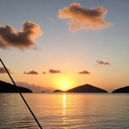 Caribbean Holidays, BVI Instagram Hotspots, Sunset over the British Virgin Islands viewed from a sailing boat, with calm golden water, silhouetted islands and a colourful sky