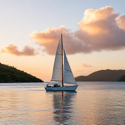 Caribbean Holidays, BVI Instagram Spots, A sailing boat passing through the British Virgin Islands at golden hour in February, with calm sea, green islands and a warm sunset sky