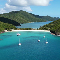 Caribbean Holidays, BVI Instagram Spots, Aerial coastal view of the British Virgin Islands in August, showing turquoise sea, green hills and scattered sailing boats