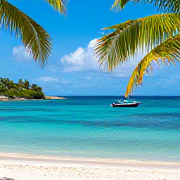 Caribbean Holidays, BVI Instagram Spots, Colourful beach scene at Smuggler's Cove on Jost Van Dyke, with calm turquoise water, palm trees and a small boat offshore