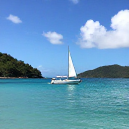 Caribbean Holidays, BVI Instagram Spots, Small sailing boat moving across calm turquoise water between the British Virgin Islands on a sunny August day