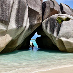 Caribbean Holidays, BVI Instagram Spots, The Baths at Virgin Gorda with huge granite boulders, clear shallow water and a visitor walking through the beach caves
