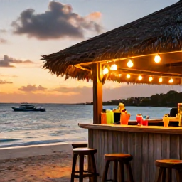 Caribbean Holidays, BVI Instagram Spots, Traditional Caribbean beach bar at sunset on Jost Van Dyke, with warm lights, colourful drinks and boats on the water