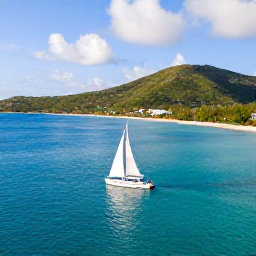 Caribbean Holidays, BVI Island Tours, A bright Caribbean morning over turquoise water, with a small sailing boat approaching the green British Virgin Islands