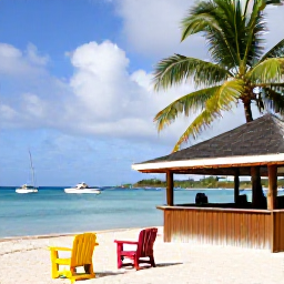 Caribbean Holidays, BVI Island Tours, A relaxed Caribbean beach bar on Jost Van Dyke, with colourful chairs, palm trees and boats anchored in a calm bay