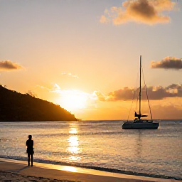 Caribbean Holidays, BVI January Holidays, Golden sunset over a quiet British Virgin Islands beach with a traveller watching sailboats offshore
