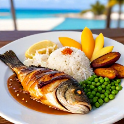 Caribbean Holidays, BVI January Holidays, Traditional Caribbean meal in a relaxed British Virgin Islands restaurant, featuring fresh fish, rice, peas, plantain and tropical fruit