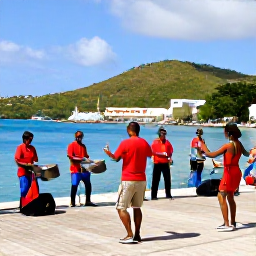 Caribbean Holidays, BVI January Holidays, Visitors enjoying a traditional music performance near the harbour in the British Virgin Islands, with steel pan and Caribbean dancing