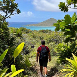 Caribbean Holidays, BVI January Nature, Hikers walking through the tropical forest of Sage Mountain National Park on Tortola, with native plants and panoramic views towards the Caribbean Sea