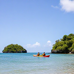 Caribbean Holidays, BVI January Nature, Kayakers paddling through calm clear water between small green islands and rocky coves in the British Virgin Islands