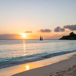 Caribbean Holidays, BVI January Nature, Quiet white-sand beach at sunset on a British Virgin Islands nature holiday, with calm turquoise water and a small sailing boat offshore