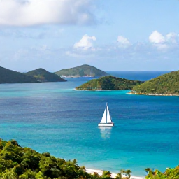 Caribbean Holidays, BVI July Tours, A bright Caribbean morning over the British Virgin Islands, with a sailing boat between green islands and turquoise water