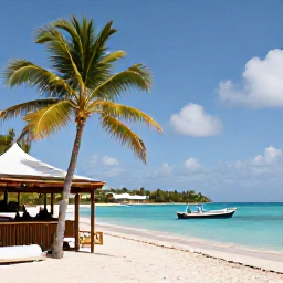 Caribbean Holidays, BVI July Tours, A calm Caribbean beach on Jost Van Dyke with palm trees, relaxed beach bars and a small boat offshore