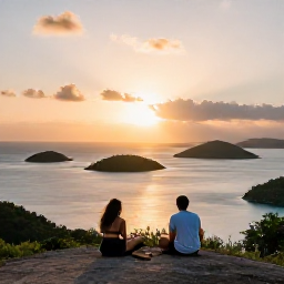 Caribbean Holidays, BVI July Tours, A couple enjoying a sunset from a hillside viewpoint on Tortola, overlooking calm water and scattered islands