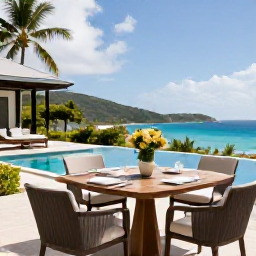 Caribbean Holidays, BVI Luxury December, Elegant luxury villa terrace overlooking the British Virgin Islands, outdoor dining table, private pool and tropical December afternoon