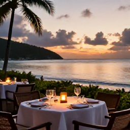 Caribbean Holidays, BVI Luxury December, Sophisticated beachfront restaurant in the British Virgin Islands at sunset, tropical dinner setting, calm sea and warm evening light