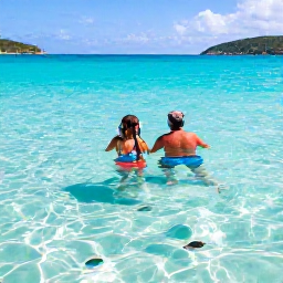 Caribbean Holidays, BVI Luxury Holidays, Couple snorkelling in clear turquoise water beside a British Virgin Islands beach, colourful fish and sunny June weather