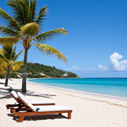 Caribbean Holidays, BVI Luxury Holidays, Luxury beachfront resort on a quiet British Virgin Islands beach in June, turquoise sea, palm trees and elegant sun loungers