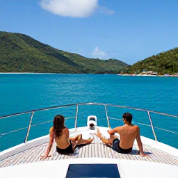 Caribbean Holidays, BVI Luxury Holidays, Private yacht sailing between the British Virgin Islands in June, bright blue water, green hills and a couple relaxing on deck
