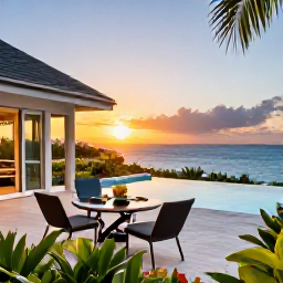Caribbean Holidays, BVI Luxury July, Elegant British Virgin Islands villa with infinity pool overlooking the sea at sunset, stylish outdoor dining area and tropical gardens