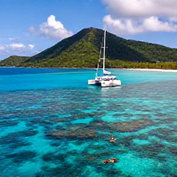Caribbean Holidays, BVI Luxury July, Luxury catamaran sailing between the British Virgin Islands in July, snorkellers near a coral reef and dramatic green islands in the background