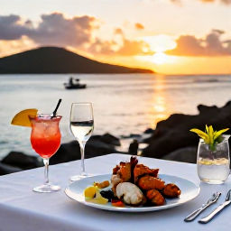 Caribbean Holidays, BVI Luxury July, Upscale Caribbean beach restaurant in the British Virgin Islands, fresh seafood dinner, cocktails and sunset over the water