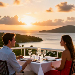 Caribbean Holidays, BVI Luxury May, Couple enjoying a refined sunset dinner on a Caribbean terrace overlooking the British Virgin Islands
