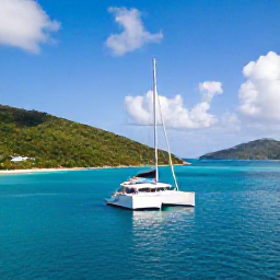 Caribbean Holidays, BVI Luxury May, Luxury catamaran cruising through the turquoise waters and green islands of the British Virgin Islands in warm May sunshine