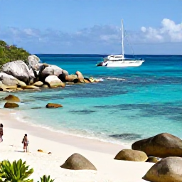 Caribbean Holidays, BVI Luxury May, Luxury sailing yacht anchored beside The Baths on Virgin Gorda, with clear water, rounded granite boulders and visitors exploring the beach