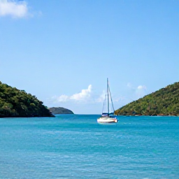 Caribbean Holidays, BVI March Tours, A bright Caribbean morning over the British Virgin Islands, with a sailing boat passing between green islands and calm turquoise water