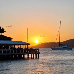 Caribbean Holidays, BVI March Tours, A relaxed sunset scene in the British Virgin Islands, with a waterfront restaurant, moored yachts and warm evening light over the sea