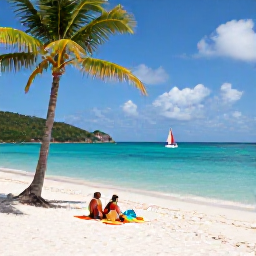 Caribbean Holidays, BVI March Tours, Visitors relaxing on a quiet white-sand beach in the British Virgin Islands, with palm trees, clear shallow water and a small sailing yacht offshore