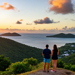 Caribbean Holidays, BVI Nature Holidays, A couple watching the sunset from a quiet Caribbean viewpoint in the British Virgin Islands, with green hills, calm sea and distant islands