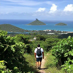 Caribbean Holidays, BVI Nature Holidays, A hiker following a green coastal trail on Tortola in May, with views across forested hills, islands and the Caribbean Sea