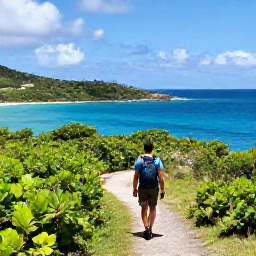Caribbean Holidays, BVI Nature Holidays, A hiker walking along a green coastal trail above the clear blue water on Tortola in the British Virgin Islands
