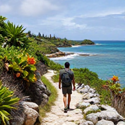 Caribbean Holidays, BVI Nature Holidays, A hiker walking along a rocky coastal trail on Virgin Gorda, surrounded by tropical plants and views of the Caribbean Sea
