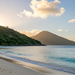Caribbean Holidays, BVI Nature Holidays, A peaceful December sunrise over the British Virgin Islands, with green hills, turquoise sea and a quiet sandy beach