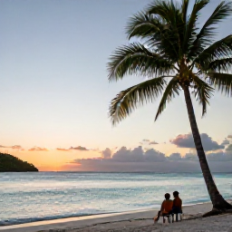Caribbean Holidays, BVI Nature Holidays, A quiet British Virgin Islands beach at sunset in December, with palm trees, calm turquoise water and a relaxed couple watching the sky