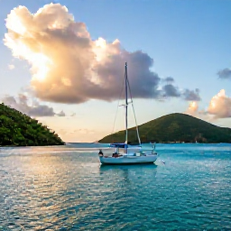 Caribbean Holidays, BVI Nature Holidays, A small sailing boat anchored in a peaceful turquoise bay in the British Virgin Islands at sunset, with green islands in the background