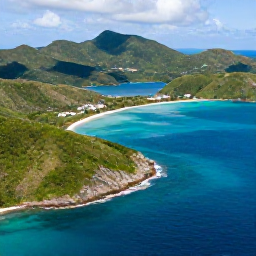 Caribbean Holidays, BVI Nature Holidays, Aerial view of the British Virgin Islands in February, showing green hills, turquoise sea and quiet sandy bays