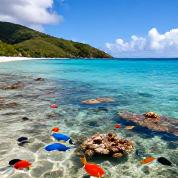 Caribbean Holidays, BVI Nature Holidays, Colourful tropical fish and coral beneath clear shallow water near a sandy beach in the British Virgin Islands
