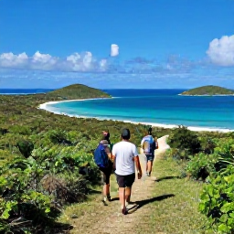 Caribbean Holidays, BVI Nature Holidays, Hikers walking along a green coastal trail on Tortola with views across turquoise water and neighbouring islands