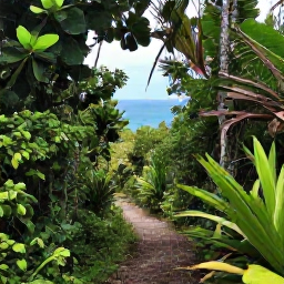 Caribbean Holidays, BVI Nature Holidays, Hiking trail through lush green forest on Tortola, British Virgin Islands, with tropical plants and a view towards the sea