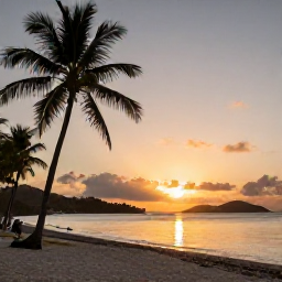 Caribbean Holidays, BVI Nature Holidays, Quiet Caribbean beach in the British Virgin Islands at sunset, with palm trees, calm sea and a small group of visitors