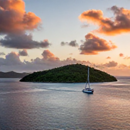 Caribbean Holidays, BVI Nature Holidays, Small sailing yacht passing uninhabited green islands at sunset in the British Virgin Islands