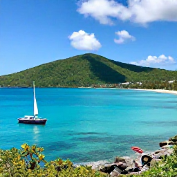 Caribbean Holidays, BVI Nature Holidays, Tropical British Virgin Islands coastline in October, with clear turquoise water, green hills and a small sailing boat